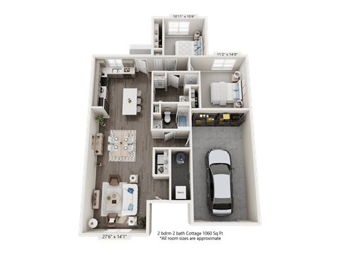 Floor plan for 2 beds, 1 bath, 1060 sqft
